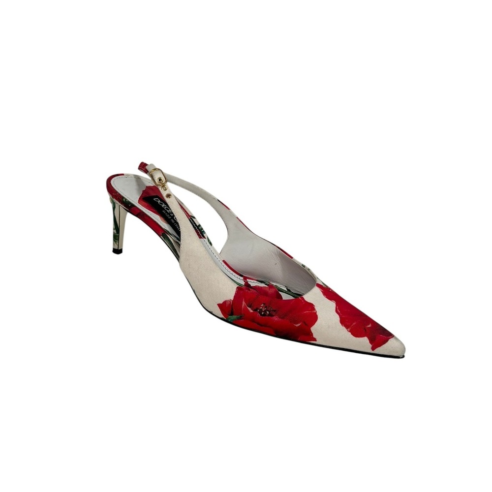 Dolce Gabbana Floral Slingback Pumps 39.5 Red White Poppy Print DG Logo Heels